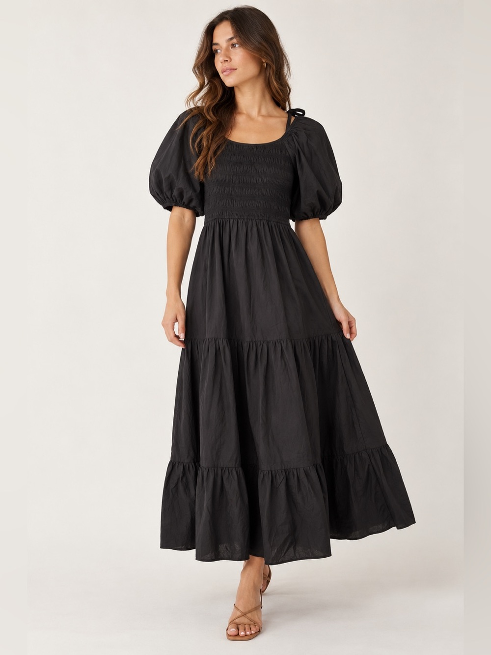 Cleobella x Katherine Schwarzenegger Black Smocked Puff Sleeve Maxi Dress